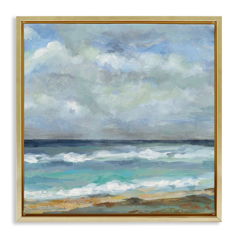  «Summer Seashore Waves» par Silvia Vassileva, H 25 po x l 25 po, Cadre flottant métallique doré