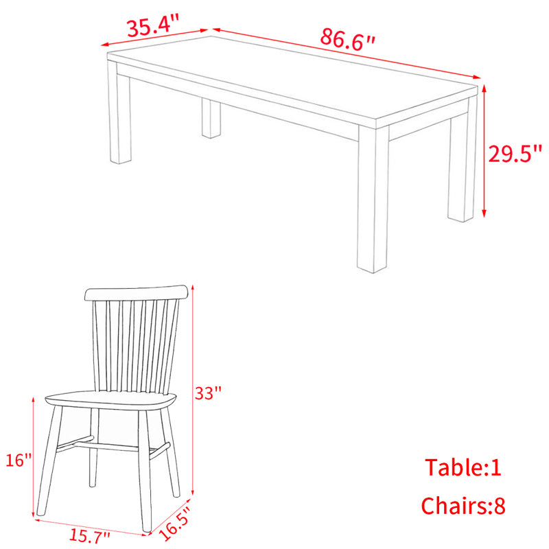 Modern simple solid wood dining table set., 29.5"H x 86.6"L x 35.4"W