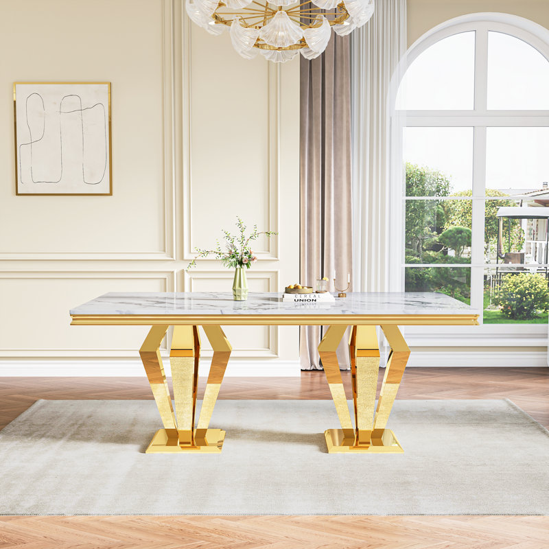 Faux Marble Dining Set With Diamond-shaped Metal Base, 7 Pieces: Table, 6 Chairs, Blue/Gold, White/Gold