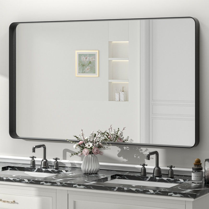 Molly Tempered Glass and Metal Framed French Cleat Mounted Wall Bathroom / Vanity Mirror, 51" x 30", Black