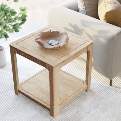 Solid Wood 24" Square End Table with Open Storage Shelf - Greige Sandblasted Mango Wood, Modern Farmhouse Accent Table