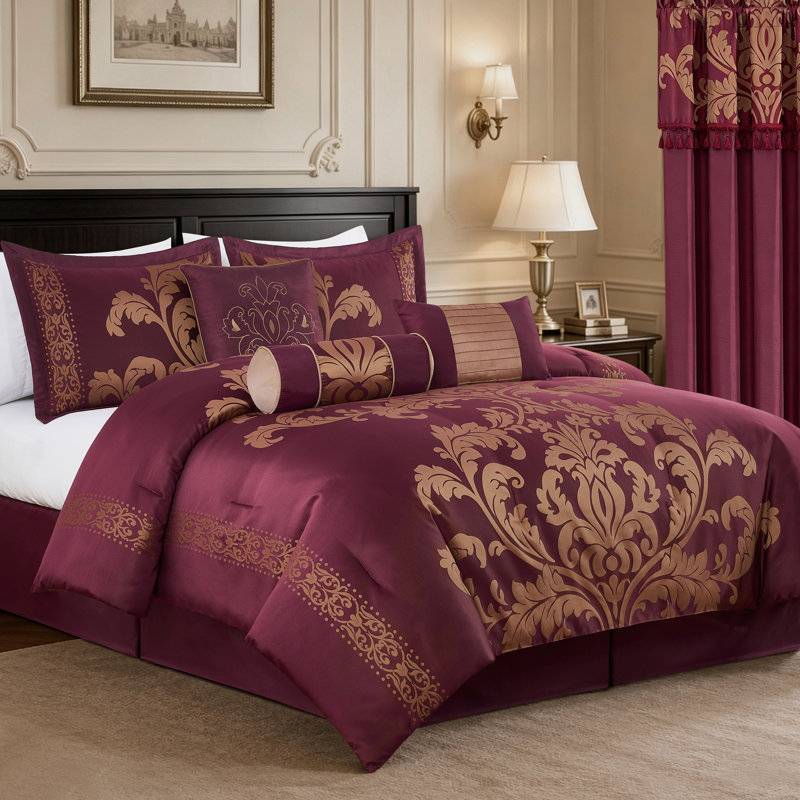 Royale Jacquard Floral 7 Piece Comforter Set, Maroon/Gold, Oversized King Comforter + 6 Additional Pieces