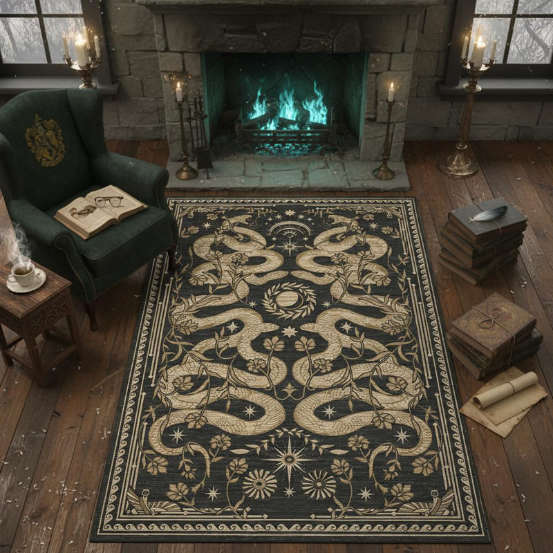 Tapis lavable à la machine Snakes Tapis antidérapant Wild Life, Gris foncé, Rectangulaire 8 pi x 10 pi
