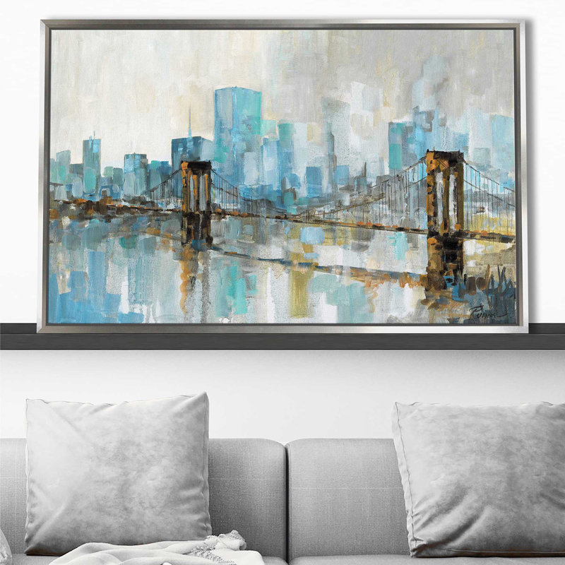 Teal City Shadows par - Peinture, H 27,5 po x l 43,5 po x P 2 po, Cadre flottant argent