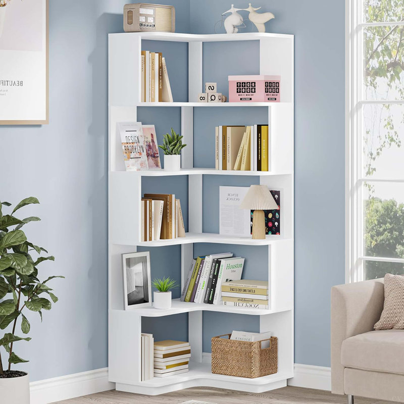 64.96" Tall 6 Tier Corner Bookshelf, 64.9 Inches Tall Industrial L Shaped Bookcase With Anti-Drop Panel, Freestanding Wood Grain Shelf Display Rack Storage Organizer For Home Office