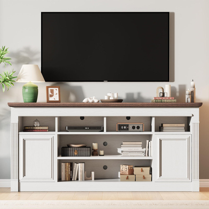 Meuble télé Farmhouse avec tablettes réglables et portes d'armoire, console multimédia pour téléviseur de 75 po ou moins
