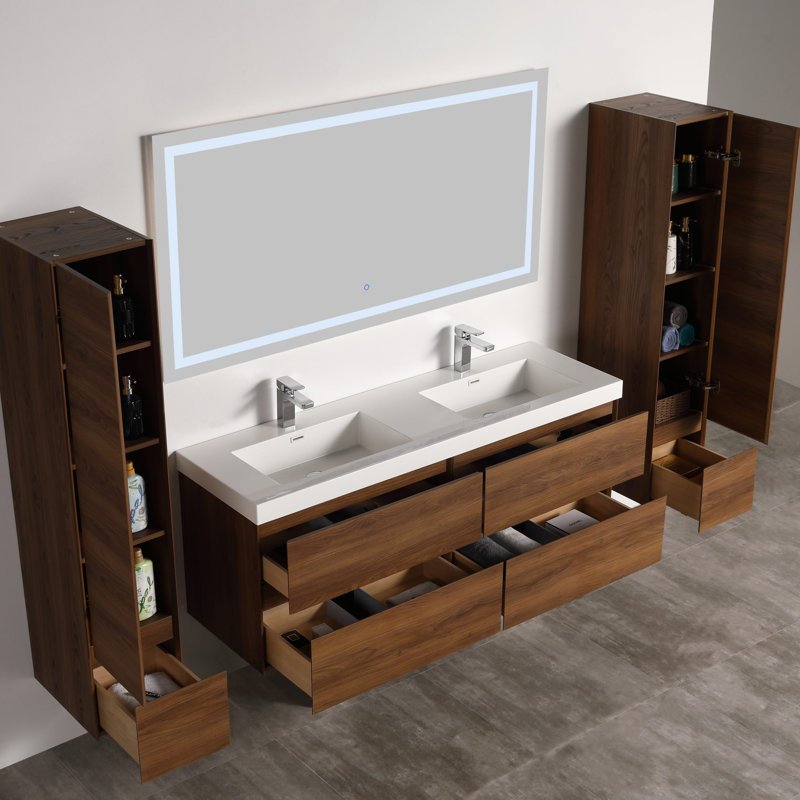 Meuble-lavabo double flottant avec lavabo mural Annedoris, Brun noyer