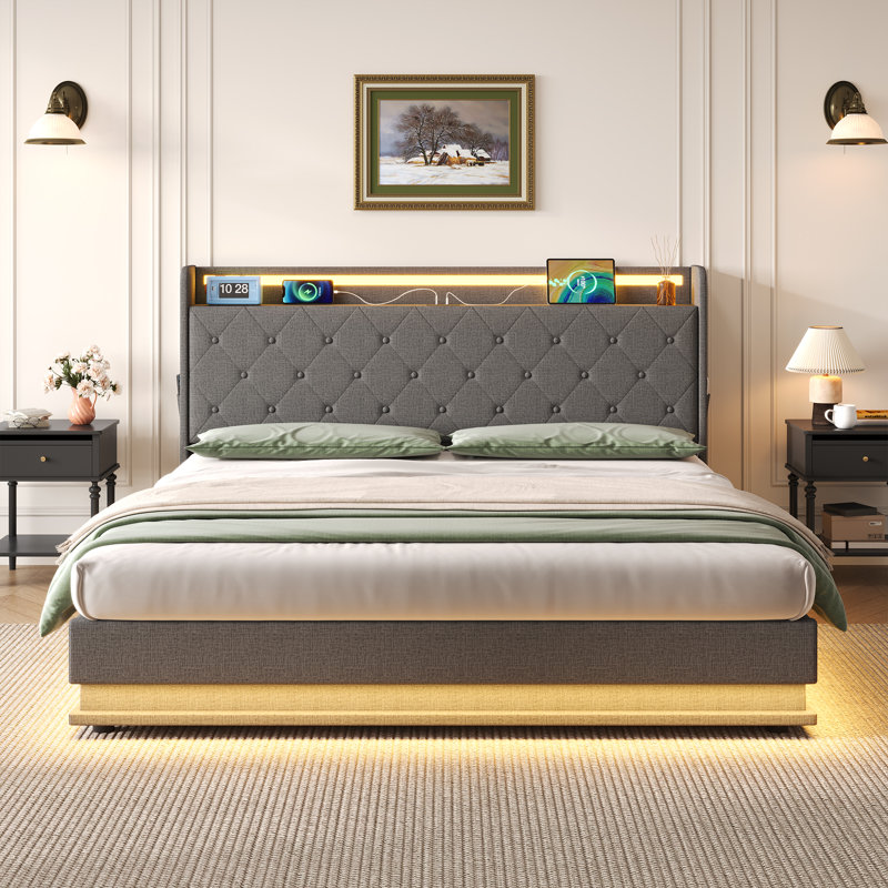 Double Storage Bed With Rgb Lighting & Usb Charging - Hydraulic Lift Base, No Box Spring Needed, Button-tufted Headboard