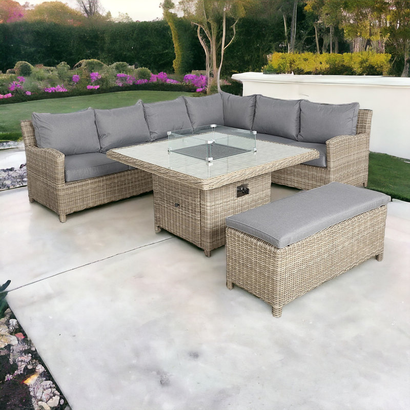 WENTWORTH 7pc Deluxe Modular Corner Dining / Lounging Set 2pc LH & RH sofa, 1pc Corner Seat, 1pc Middle Chairs, 1pc Fire Pit Table & 1 Bench including Cushions