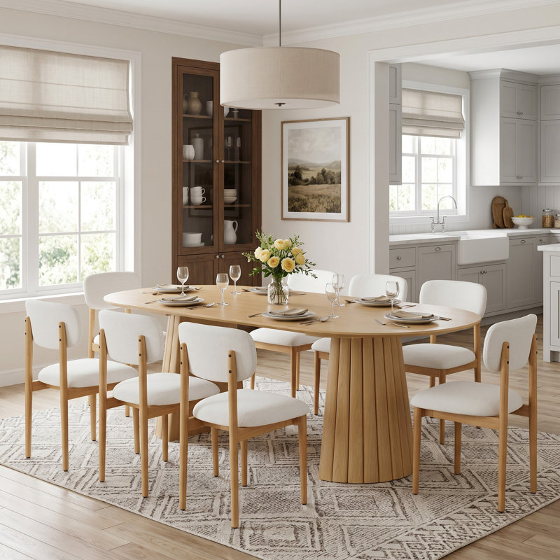 Table Ã  manger ovale moderne Ã  double pied central en bois, 79 po, avec piÃ¨tement en bois massif, pour 8 personnes