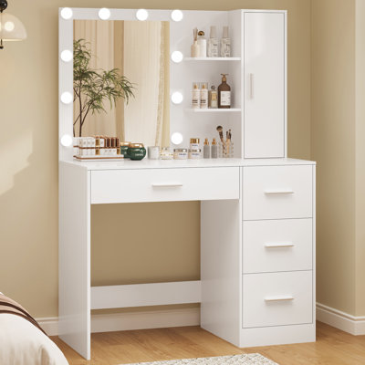 Makeup Vanity With Lighted Mirror Christmas Gifts, Vanity Desk With 4 Drawers And Open Shelves For Bedroom, Black