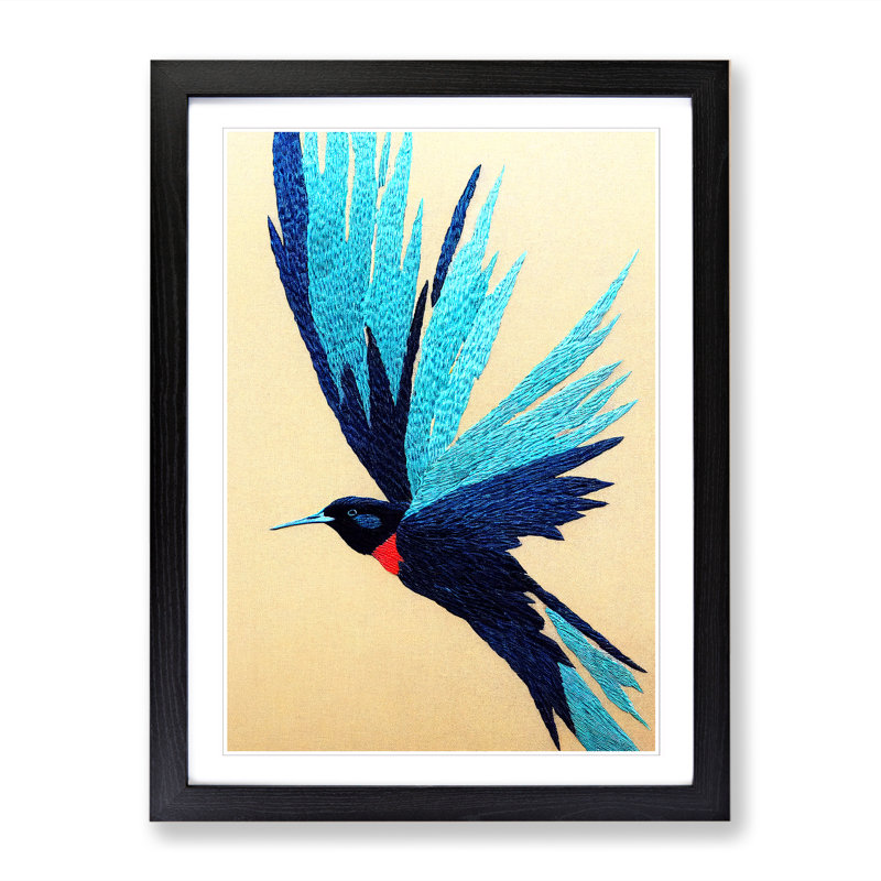 Swallow Embroidery - Single Picture Frame Print, 46cm H x 34cm W x 2cm D, Walnut