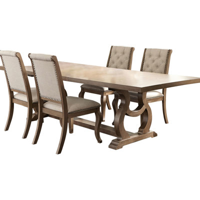 Ensemble 5 pièces de salle à manger transitionnelle avec table rectangulaire brun orge et 4 chaises rembourrées en mousse à garniture cloutée avec base en tréteaux et revêtement en tissu crème