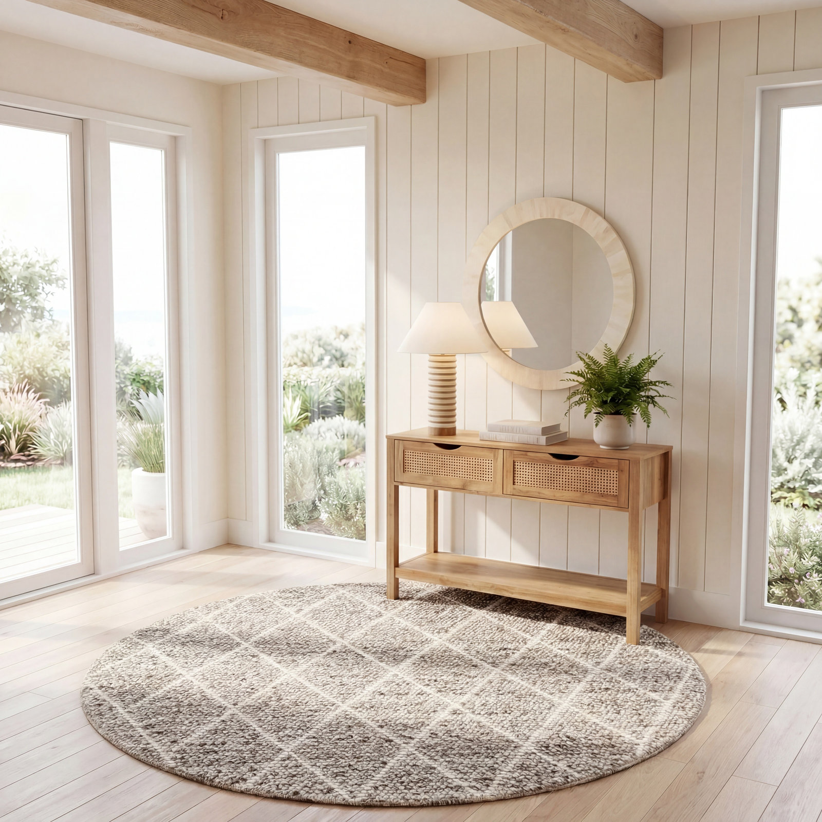 Huberty Brown Gray Hand-Woven Geometric Rug, Round 6'