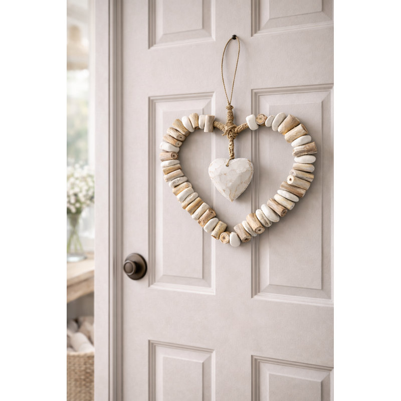 Driftwood & White Stone Heart Shaped Wall Decor Wreath – Handcrafted Coastal Wall Accent