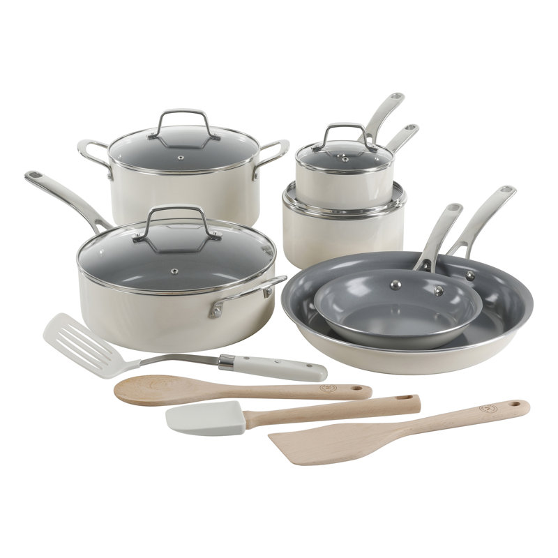 Batterie de cuisine antiadhésive en aluminium 14 pièces Martha Stewart, Lin/gris