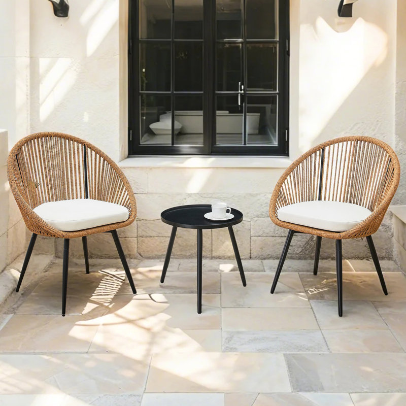 Mobilier d'extérieur 3 pièces avec table basse ronde et 2 chaises pivotantes en rotin