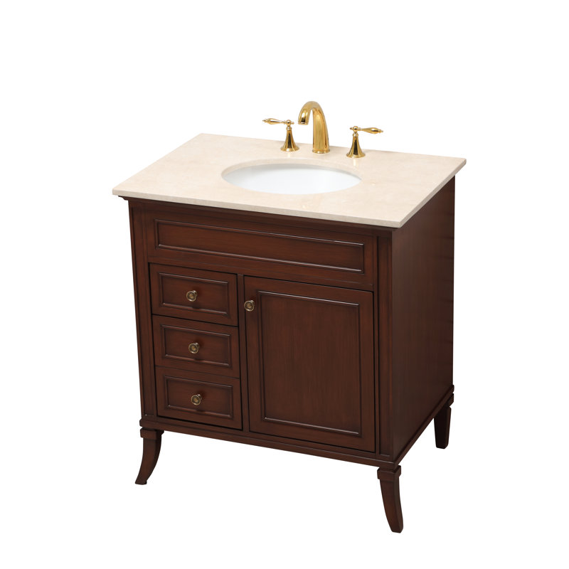 Glascock 32'' Single Bathroom Vanity with Marble Top, Teak, Cream, Antique Brass