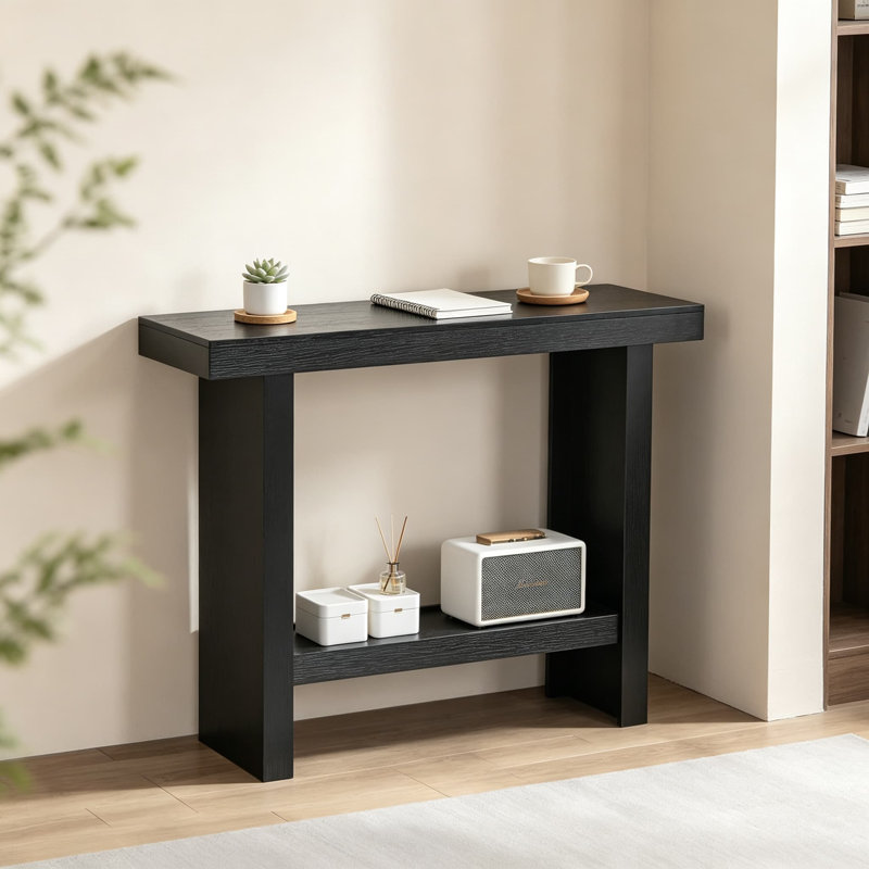 Console moderne avec rangement, table d'entrée rectangulaire pour couloir, vestibule, salon, fabrication en panneau de particules robuste, assemblage facile, finition noire