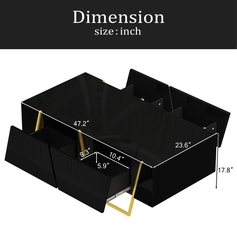 Table basse rectangulaire moderne ultrabrillante pour le salon avec rangement et base dorée, 4 tiroirs