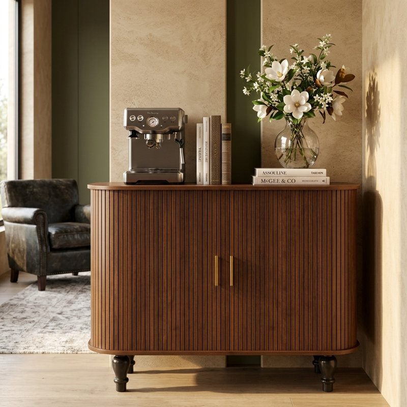39" Modern Fluted Bar Cabinet with Storage Drawer & Hidden Side Compartments, Walnut