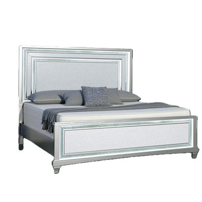 King Size Bed Frame, Silver Gray Poplar Wood, Faux Crystal Trim With Led, Contemporary Design, Beveled Headboard Led Headboard, Style, Layered Frame