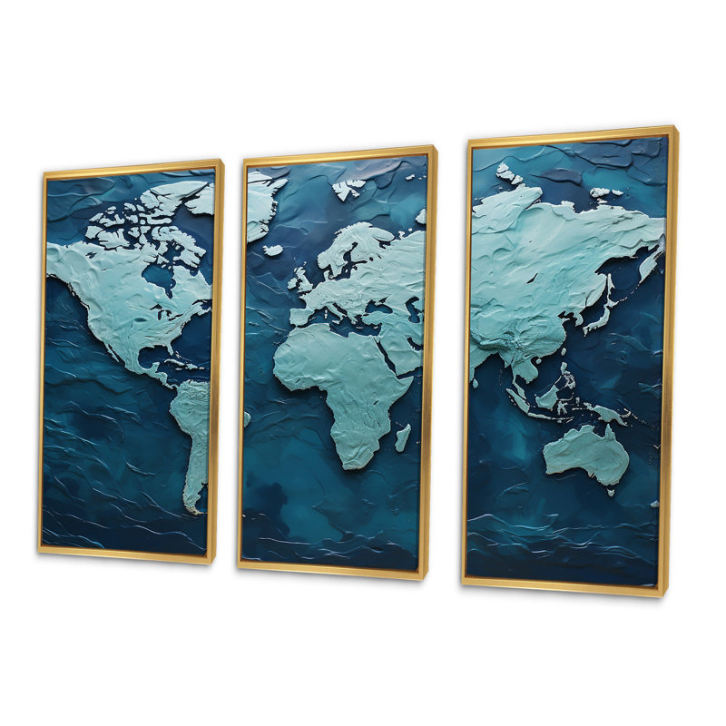 Carte du monde océanique ombrée - ensemble d'art mural carte du monde, Cadre flottant doré, H 28 po x l 36 po x P 1 po