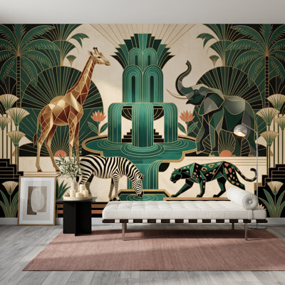 Papier peint Art déco géométrique à motifs d'animaux de safari