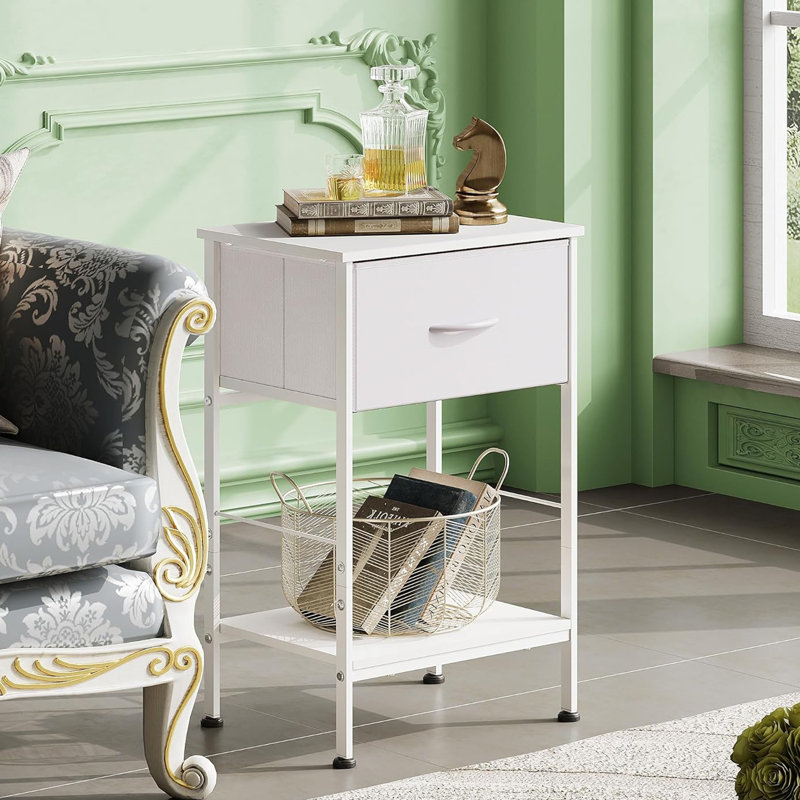 Charcoal Black Metal Nightstand Set with Fabric Drawer and Wood Shelf