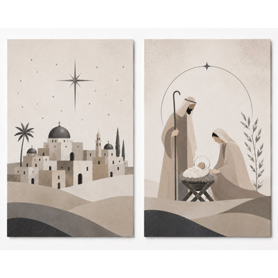 Extra Large Set of 2  Bethlehem Nativity Scene Wall Art Canvas Print 24x36 Inch Holy Family Christmas Decor, Christian Faith Artwork for Living Room Bedroom Nursery Home Decor Ready to Hang