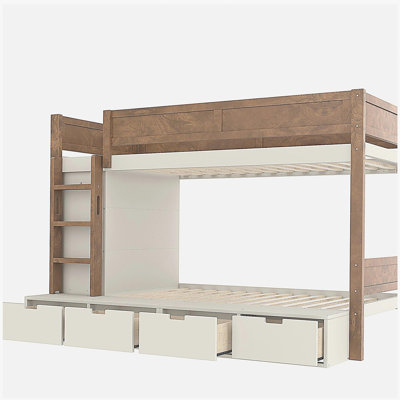 Lit superposé simple au dessus d'un lit simple / simple TG au dessus d'un lit double avec 4 tiroirs de rangement, lit superposé en bois massif avec garde-robe intégrée et garde-corps pleine longueur, sans sommier, beige et naturel