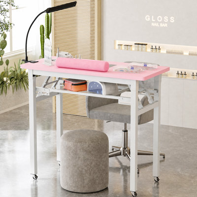 Kylan Professional Foldable Nail Table with Metal Frame, Dust Collector, Wrist Cushion, LED Lamp and Storage Accessories