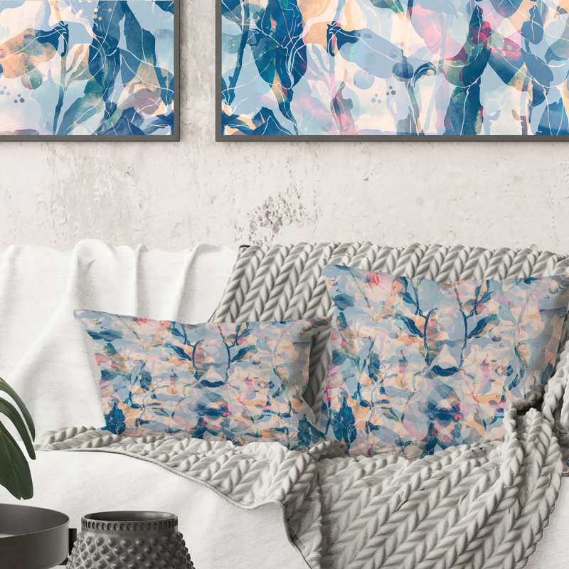 Rose et nuances de bleu - Coussin décoratif à imprimé traditionnel, 16 po x 16 po