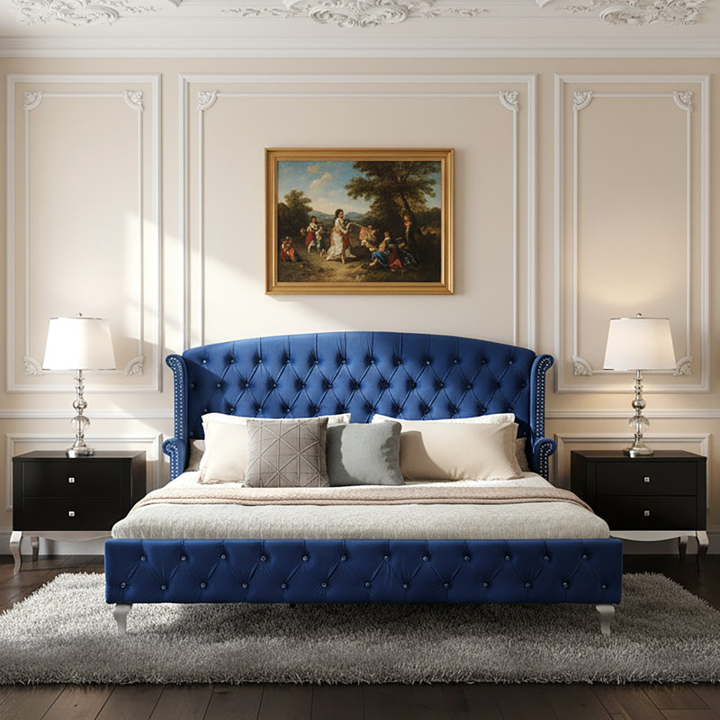 Velora Velvet Upholstered Wingback Platform Bed, Navy Blue