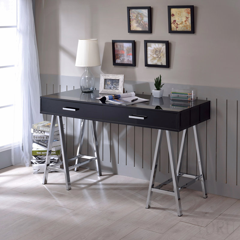 Bureau d'écriture noir ultrabrillant et finition chromée