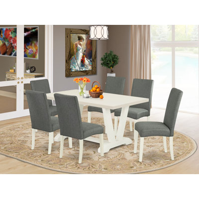 7-Piece Dining Set a Great linen white (Off-White) Dinette Table top and 6 Wonderful Gray Smoke Parson Dining chairs with High Stylish Chair Back, Wire Brushed Linen White (Off-White) Finish