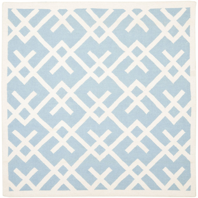 Fung Hand Woven Flat Weave Wool/Cotton Geometric Rug in Light Blue/Ivory, Square 6'