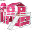 Lit mezzanine double rose avec glissade et tour inspirée en bois massif