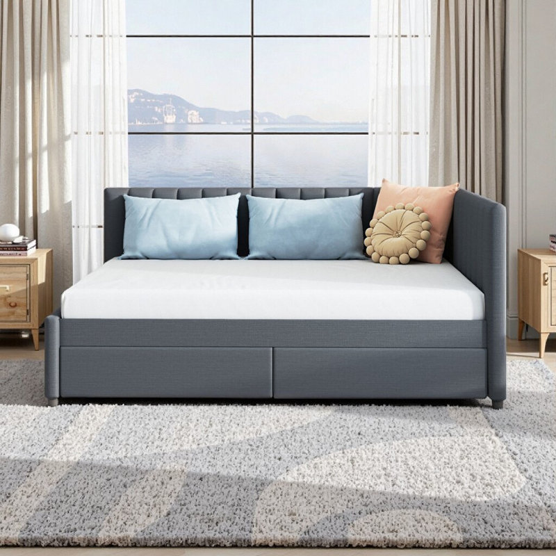 Full Size Upholstered Daybed with 2 Storage Drawers, Sofa Bed Frame - No Box Spring Needed, Gray Linen Fabric, Gray