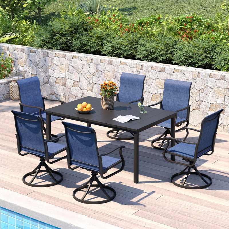Ensemble repas d'extérieur 63 "avec table de salle à manger rectangulaire et 6 chaises de salle à manger pivotantes PVC-coated polyester