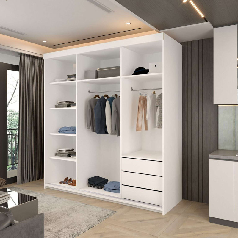 2 Door Laminate Wardrobe, White, 217cm H x 200cm W x 62cm D