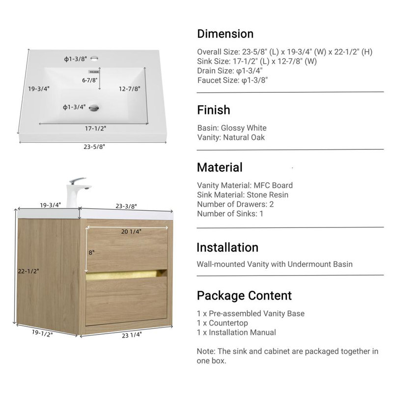 24" Wall-Mounted Bathroom Vanity