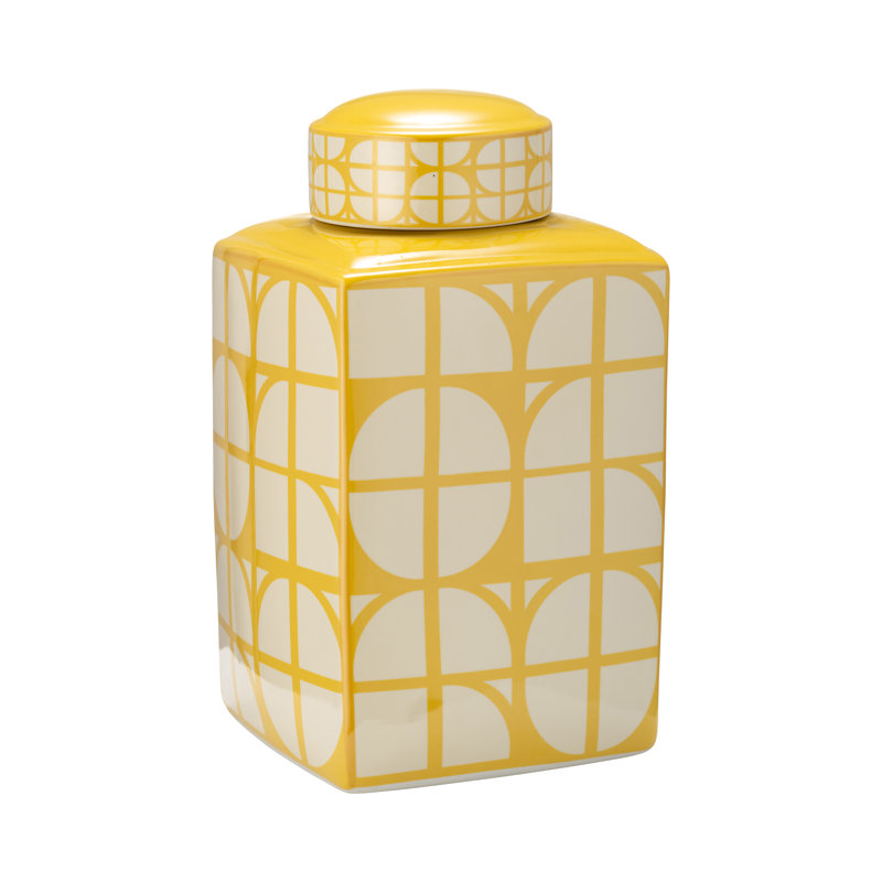 Geometric Ceramic Table Jar with Lid for Home Decor - Decorative Patterned Tall Jar for Shelf Styling, Console Display, and Tabletop Accent