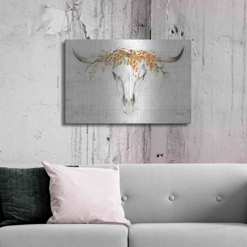 «Fall Steer Skull» par Marla Rae, art mural en métal, H 24 po x l 36 po