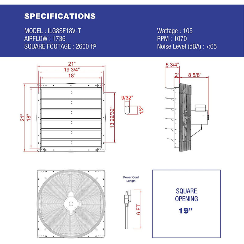 iLIVING ILG8SF18V-T, ventilateur de garage sous le toit avec ventilateur à obturateur de 18 pouces avec thermostat à 3 vitesses et cordon à 3 prises de 6 pieds de long, variable de 18 po, 1736 pi³ / min, zone de couverture de 2600 pieds carrés, argen