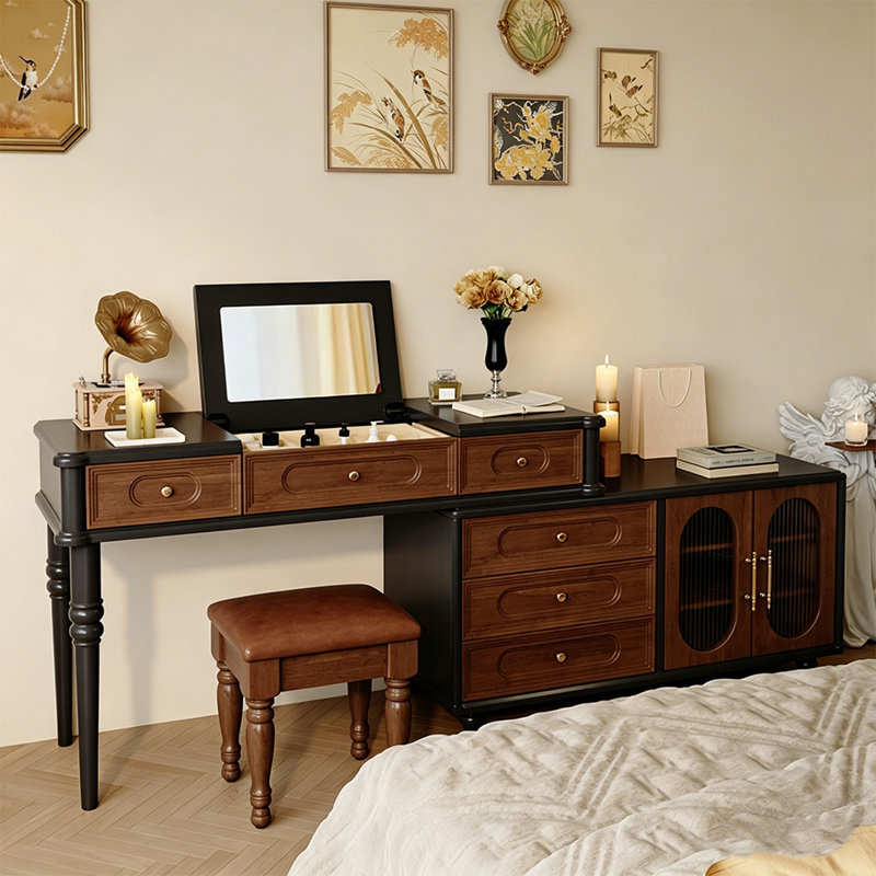 90.55"French-style solid wood brown-black storage dressing table with mirror