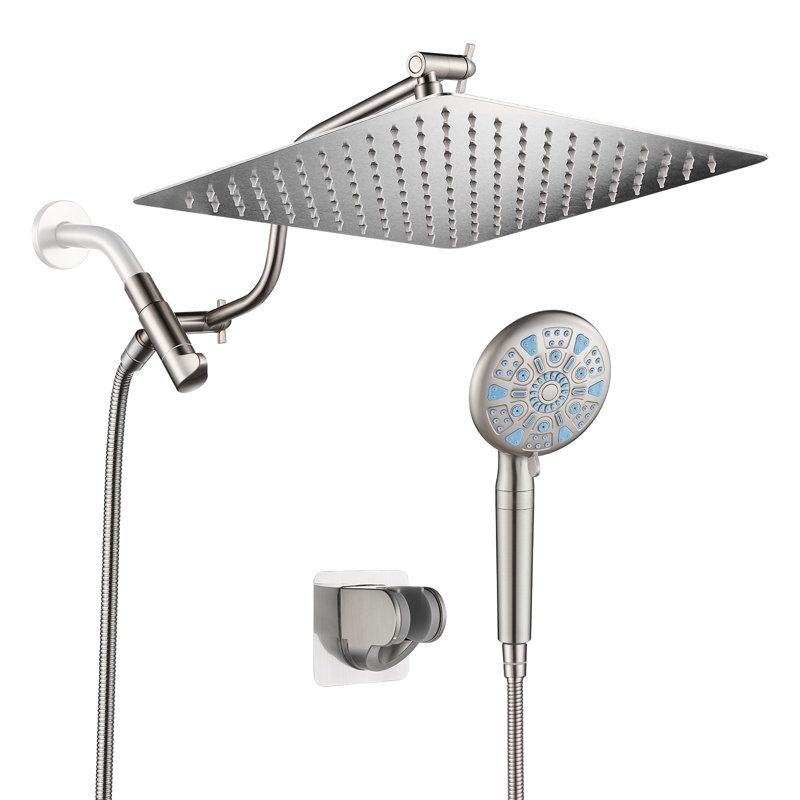 12-Inch Raincan Shower Heads with 9-Setting Handheld Spray and Adjustable Curved Extension Arm Combo Brushed Nickel