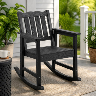Patio Rocking Chair, All-Weather HIPS Low Back Outdoor Chair, Heavy Duty For Porch, Backyard & Garden, Fade & Rot Resistant, Supports 400 Lbs, Black