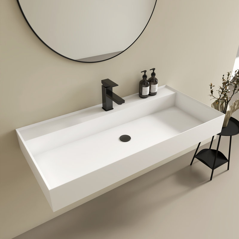 39" Wall Mount Bathroom Vanity, Modern Stone Resin Bathroom Floating Vanity With Single Faucet Hole