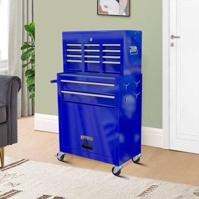 Practical high-capacity lockable toolbox with drawers and wheels, hooks, push-pull handles for repair stores and homes